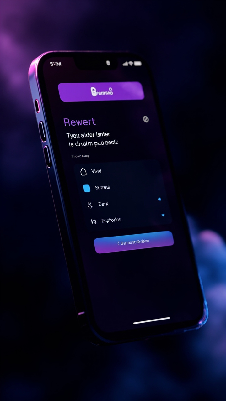 Dreamvio app — Dream journal entry screen with mood tags and voice recording