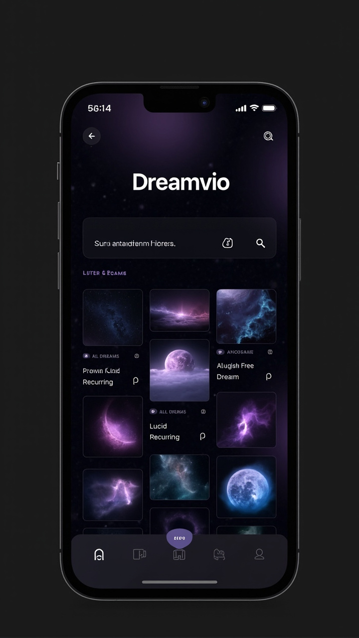 Dreamvio app — Dream library showing a grid of saved dream entries with cosmic thumbnails